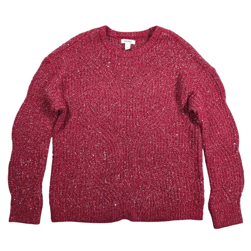 Nine West Women Red Sparkle Sequin Knit Sweater Long Sleeve V-Neck Size L Preppy